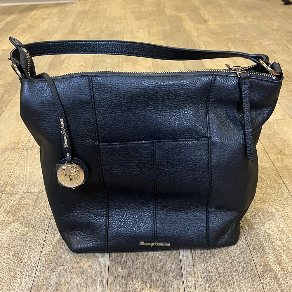 Tommy Bahama Black Pebbled Leather Hobo Shoulder Bag with Gold Charm